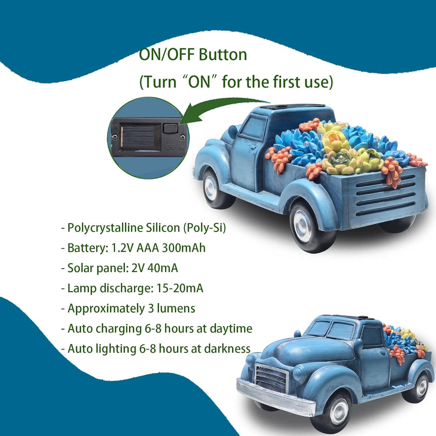 Garden Décor Outdoor Solar Lights, Blue Resin Truck Statue with Succulen Patio Lights for Home Décor, 8 LED Lights Solar Statues for Garden, Balcony, Yard Ornament, 9.6 x 4.7 x 4.3 inches