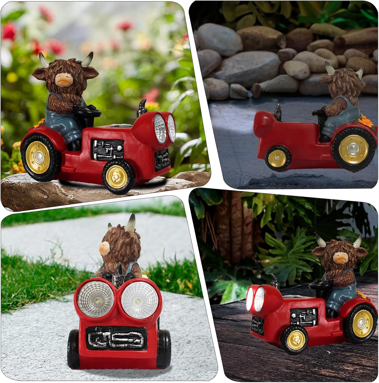 Solar Highland Cow Driving Car Garden Decor Statue, Outdoor Solar Light Decoration for Yard, Patio, Housewarming, Lawn, Birthday Gift for Women, Mom